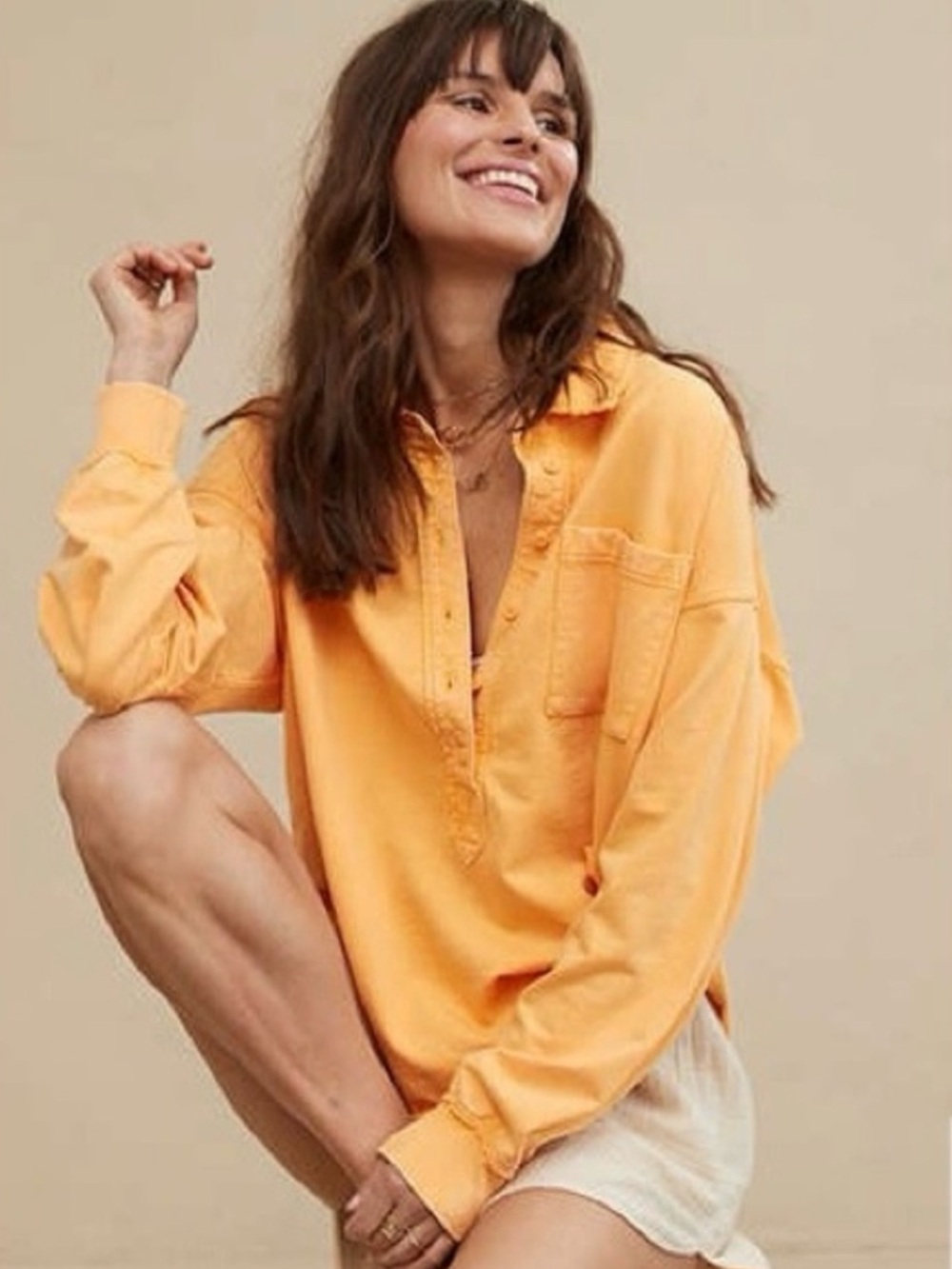 Aerie Take It Easy Popover Polo Shirt Orange Yellow Oversized Size S